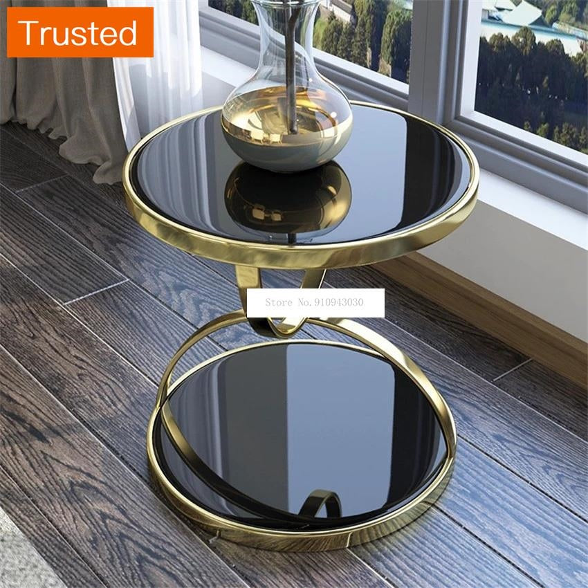 Multiple Variations Nordic Luxury Gold Round Tea Table Double Layer Iron Frame Toughened Glass Living Room Sofa Side Bedside Balcony Leisure Table