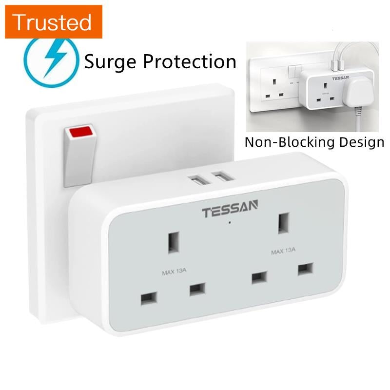 Multi Plug Power Adapter with USB TESSAN Surge Protector Plugs Extension Sockets Wall Charger Adaptor 13A UK Socket