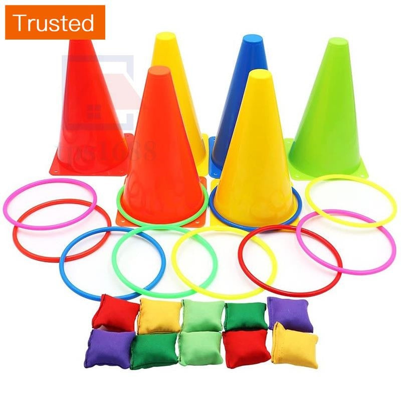 3 in 1 Carnival Outdoor Games Combo Set for Kids Soft Plastic Cones Bean Bags Ring Toss Game Gift for Birthday Party