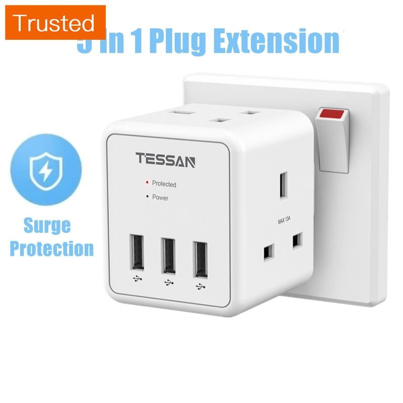 Multi Plug Power Adapter with USB TESSAN Surge Protector Plugs Extension Sockets Wall Charger Adaptor 13A UK Socket