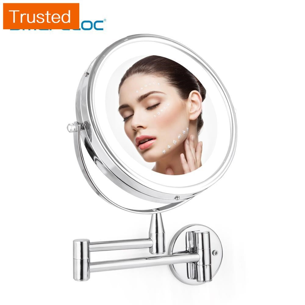 Multiple Variations Smartloc Extendable LED 8 inch 5X/10X Magnifying Bathroom Wall Mounted Mirror Mural Light Vanity Makeup Bath Cosmetic Mirrors