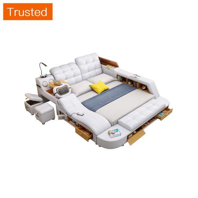 LinLAMLIM Genuine Leather multifunctional massage bed frame Nordic camas ultimate bed storage LED light Bluetooth speaker safe