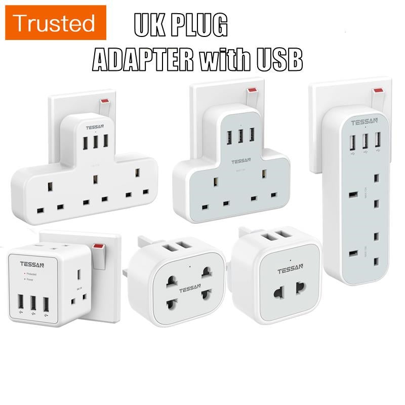 Multi Plug Power Adapter with USB TESSAN Surge Protector Plugs Extension Sockets Wall Charger Adaptor 13A UK Socket