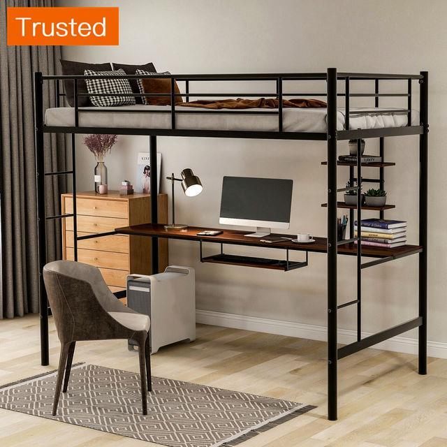 Multiple Variations 41.4''Loft Bed with Desk and Shelf Space Saving Design Loft Bed Twin Size Kid's Bed frame bedroom furniture Twin size Solo