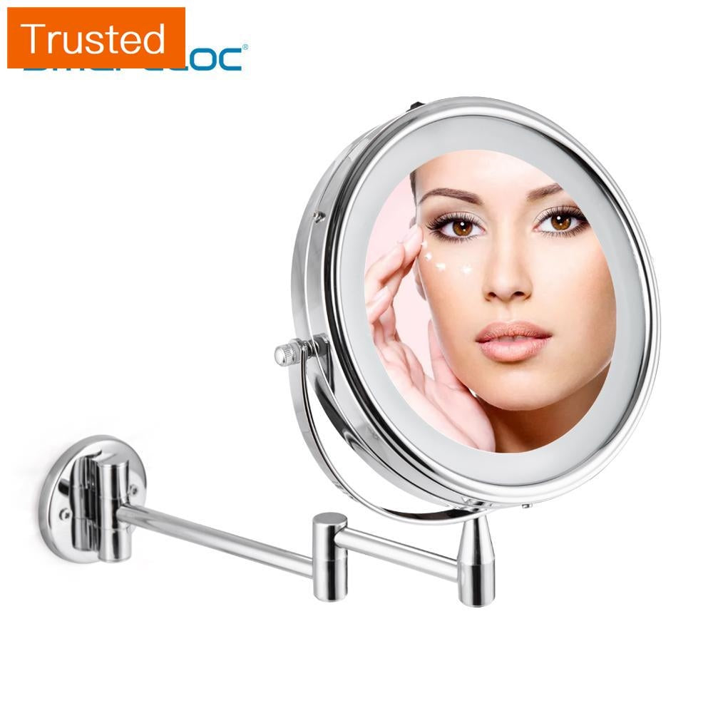 Multiple Variations Smartloc Extendable LED 8 inch 5X/10X Magnifying Bathroom Wall Mounted Mirror Mural Light Vanity Makeup Bath Cosmetic Mirrors