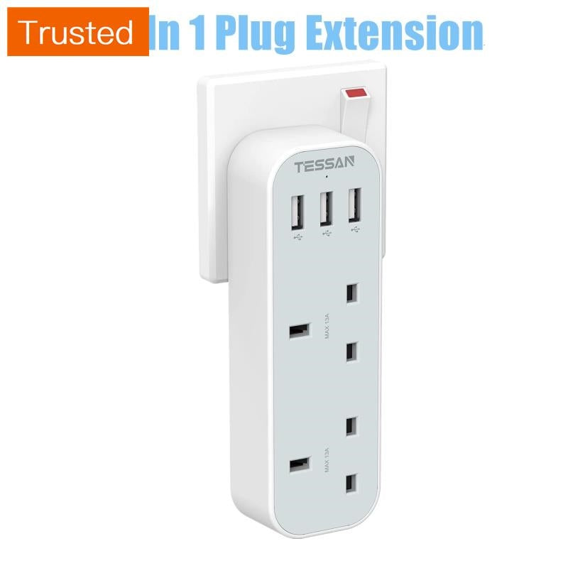 Multi Plug Power Adapter with USB TESSAN Surge Protector Plugs Extension Sockets Wall Charger Adaptor 13A UK Socket