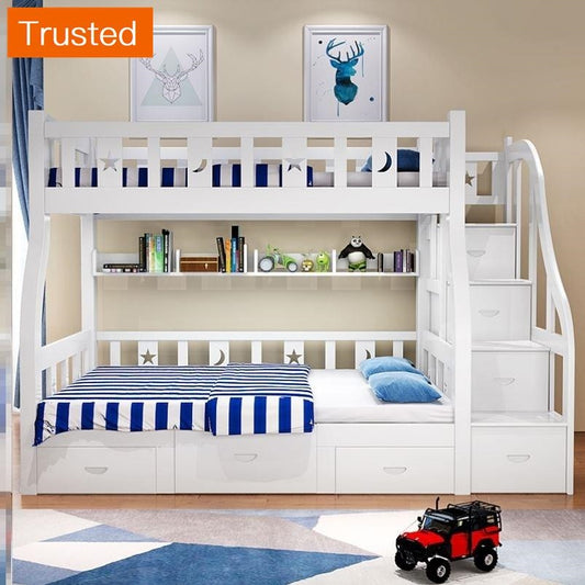 Multiple Variations Customize Bunk Bed Loft Bed 2 in 1 Adult Bed Kids Bed with Mattress Drawers Staircase Ladder Slide Solid Pine Wood