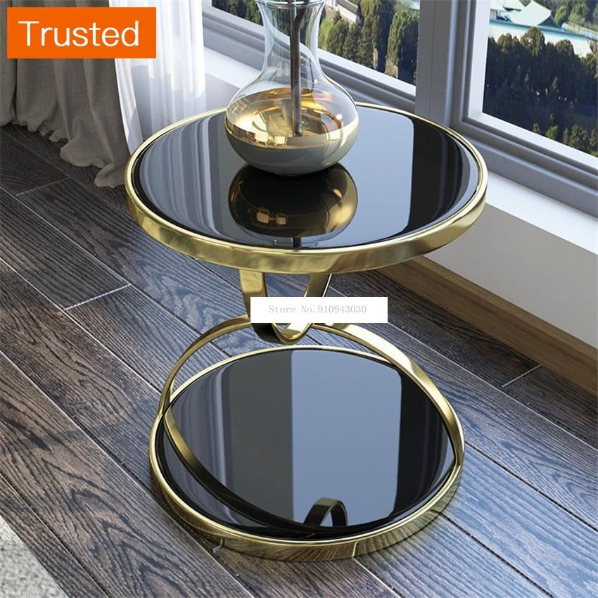 Multiple Variations Nordic Luxury Gold Round Tea Table Double Layer Iron Frame Toughened Glass Living Room Sofa Side Bedside Balcony Leisure Table