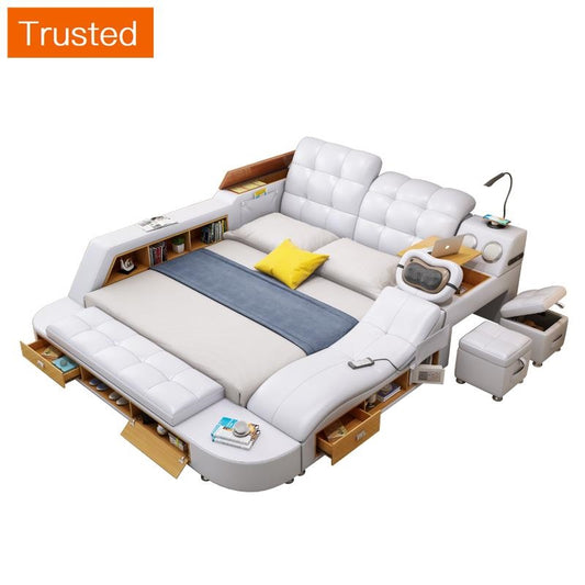 LinLAMLIM Genuine Leather multifunctional massage bed frame Nordic camas ultimate bed storage LED light Bluetooth speaker safe