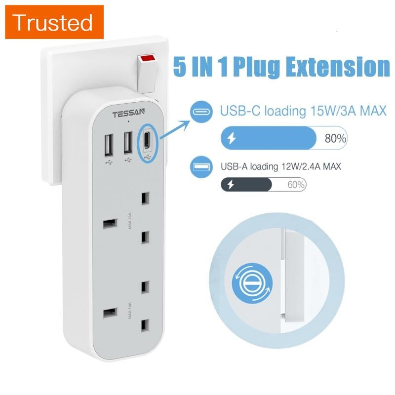 Multi Plug Power Adapter with USB TESSAN Surge Protector Plugs Extension Sockets Wall Charger Adaptor 13A UK Socket