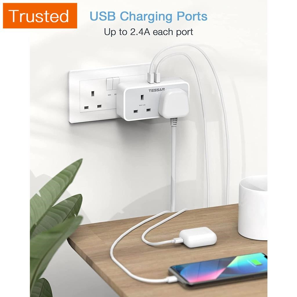 Multi Plug Power Adapter with USB TESSAN Surge Protector Plugs Extension Sockets Wall Charger Adaptor 13A UK Socket