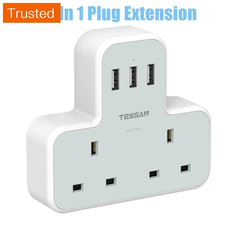 Multi Plug Power Adapter with USB TESSAN Surge Protector Plugs Extension Sockets Wall Charger Adaptor 13A UK Socket