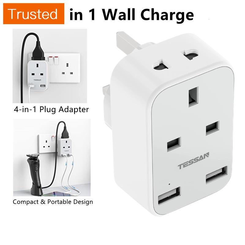 Multi Plug Power Adapter with USB TESSAN Surge Protector Plugs Extension Sockets Wall Charger Adaptor 13A UK Socket