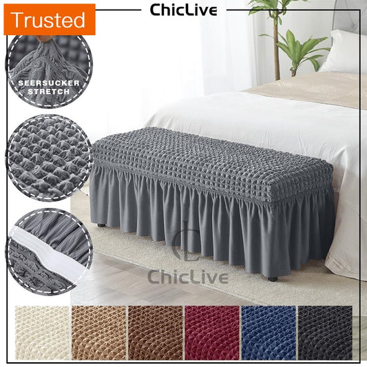 【14 Colors】3D Seersucker Bench Cover with Skirt Elastic Storage Stool Chair Cover Bench Cover Dust Cover Long Chair Cover Piano Bench Cover For Piano Bedroom Living Room Home Dector Ready Stock Chiclive