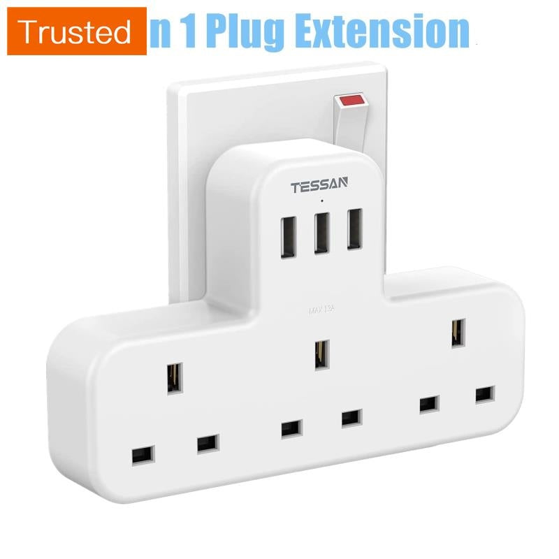 Multi Plug Power Adapter with USB TESSAN Surge Protector Plugs Extension Sockets Wall Charger Adaptor 13A UK Socket