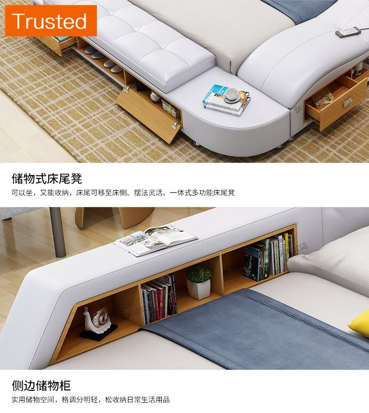 LinLAMLIM Genuine Leather multifunctional massage bed frame Nordic camas ultimate bed storage LED light Bluetooth speaker safe