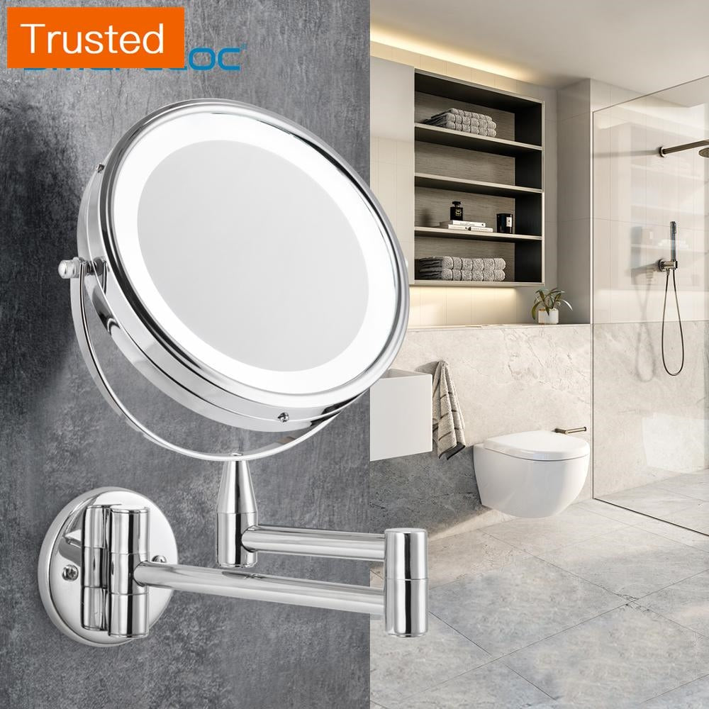 Multiple Variations Smartloc Extendable LED 8 inch 5X/10X Magnifying Bathroom Wall Mounted Mirror Mural Light Vanity Makeup Bath Cosmetic Mirrors